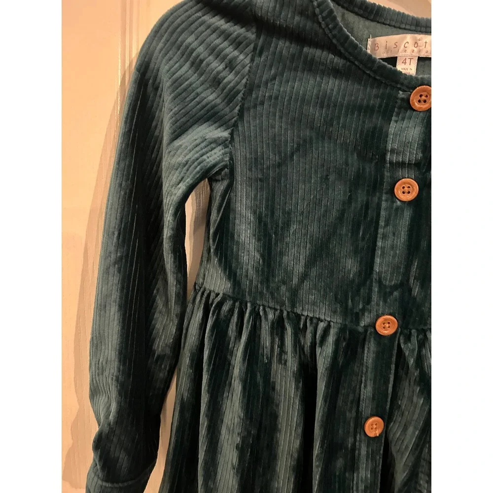 Biscotti‎ Collezione Girls Teal Ribbed Velvet Tiered Button Down Dress 4T k7078